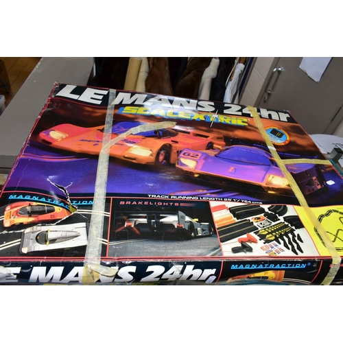 625 - SIX BOXES OF TOYS AND COMICS, to include boxed Scalextric Le Mans 24hr, Carrera Go racing game (one ... 