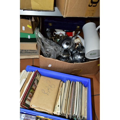 626 - FIVE BOXES AND LOOSE SUNDRY ITEMS ETC, to include topographical postcards of Italy, Eastbourne, Devo... 