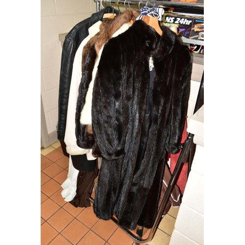 627 - FUR COATS, DRESSES, BAGS AND TABLE LINEN ETC, to include two brown mink fur coats with labels for Fa... 