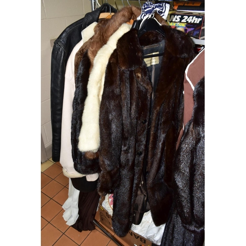 627 - FUR COATS, DRESSES, BAGS AND TABLE LINEN ETC, to include two brown mink fur coats with labels for Fa... 