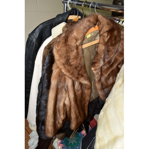 627 - FUR COATS, DRESSES, BAGS AND TABLE LINEN ETC, to include two brown mink fur coats with labels for Fa... 