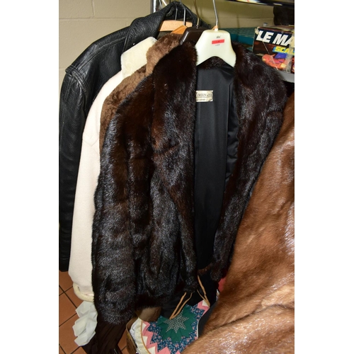 627 - FUR COATS, DRESSES, BAGS AND TABLE LINEN ETC, to include two brown mink fur coats with labels for Fa... 