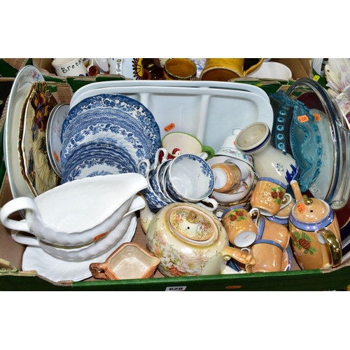 628 - FIVE BOXES OF TEA, DINNER WARES AND ORNAMENTS ETC, to include Myotts 'Country life' blue and white, ... 