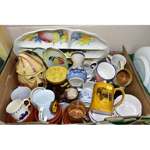 628 - FIVE BOXES OF TEA, DINNER WARES AND ORNAMENTS ETC, to include Myotts 'Country life' blue and white, ... 