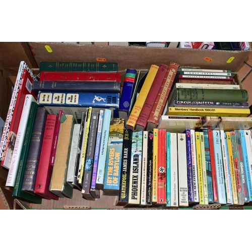 629 - SIX BOXES OF BOOKS AND MAGAZINES ETC, books include Jackie Collins, Vogue covers, World Soccer, Guin... 