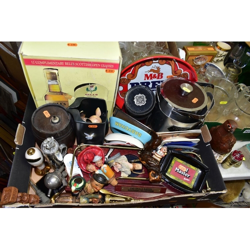 631 - THREE BOXES AND LOOSE BREWERY AND DRINKING RELATED ITEMS ETC, to include a Royal Doulton Famous Grou... 