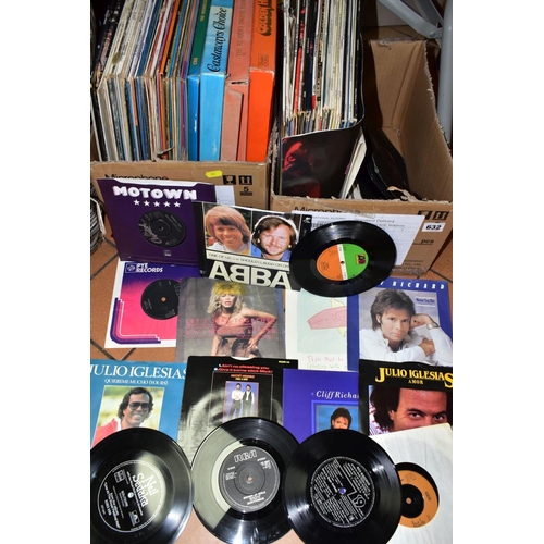 632 - THREE BOXES OF LP RECORDS AND 7 INCH SINGLES, LPs to include 10cc, Gibson Brothers, Peter Nero, Jimm... 