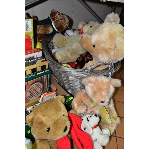 633 - TWO BOXES AND A WICKER BASKET OF SOFT TOYS AND SUNDRY ITEMS ETC, to include Harrods teddy bears, Kee... 