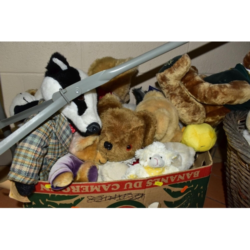 633 - TWO BOXES AND A WICKER BASKET OF SOFT TOYS AND SUNDRY ITEMS ETC, to include Harrods teddy bears, Kee... 