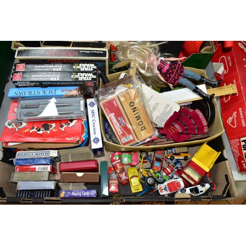 635 - TWO BOXES AND LOOSE TOYS AND BOARD GAMES ETC, to include a Polistil Niki Lauda electronic track raci... 