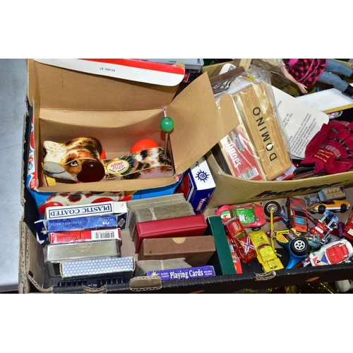 635 - TWO BOXES AND LOOSE TOYS AND BOARD GAMES ETC, to include a Polistil Niki Lauda electronic track raci... 