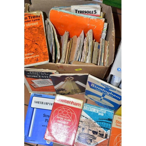 653 - FOUR BOXES CONTAINING BOOKS AND MAPS , a mixture of Burrows maps 1960s/1970s, street plans and A-Z b... 