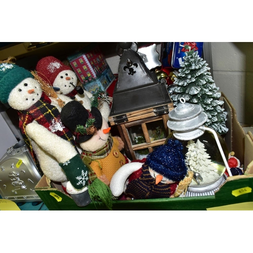 654 - FIVE BOXES CONSISTING OF MOSTLY CHRISTMAS DECORATIONS AND THREE CHRISTMAS TREES some showing signs o... 