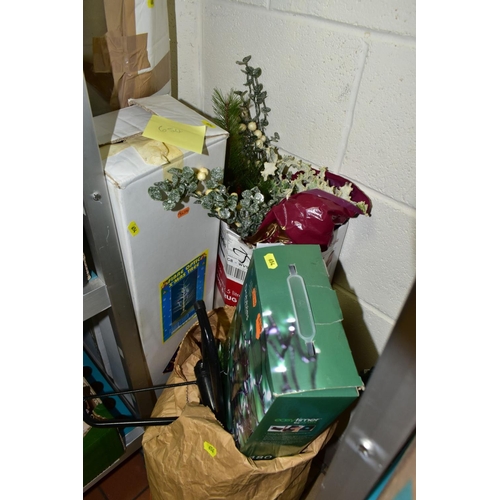 654 - FIVE BOXES CONSISTING OF MOSTLY CHRISTMAS DECORATIONS AND THREE CHRISTMAS TREES some showing signs o... 