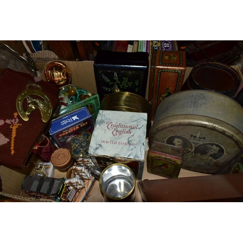 670 - FIVE BOXES AND LOOSE SUNDRY ITEMS ETC, to include tin biscuit boxes, novelty copper and brass items,... 