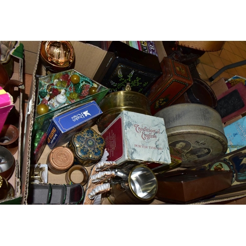 670 - FIVE BOXES AND LOOSE SUNDRY ITEMS ETC, to include tin biscuit boxes, novelty copper and brass items,... 