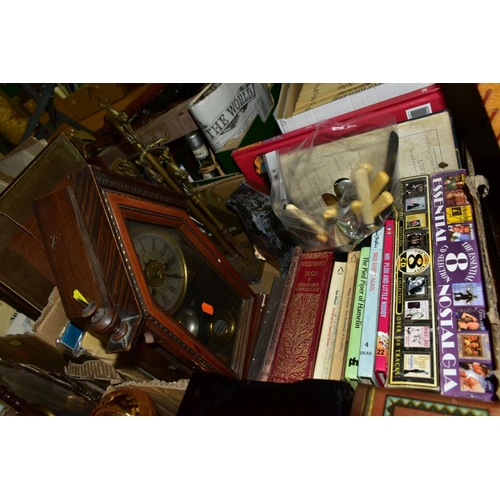 670 - FIVE BOXES AND LOOSE SUNDRY ITEMS ETC, to include tin biscuit boxes, novelty copper and brass items,... 