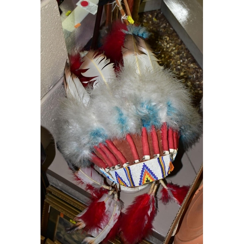 671 - A NATIVE CANADIAN / AMERICAN STYLE HEADRESS, together with a bow and two arrows with label descripti... 