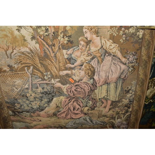 673 - FIVE TAPESTRY WALL HANGINGS TOGETHER WITH FOUR BRASS SUPPORTS, the largest depicting a hunting scene... 