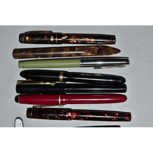 675 - VINTAGE FOUNTAIN PENS ETC, to include 'The Croxley', 'The Unique Pen', Osmiroid 65, a Swan, a green ... 