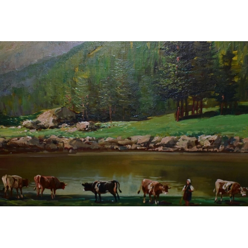 684 - GIUSEPPE BONACINA (ITALY 1955) AN ALPINE LANDSCAPE WITH CATTLE GRAZING, signed bottom right, oil on ... 