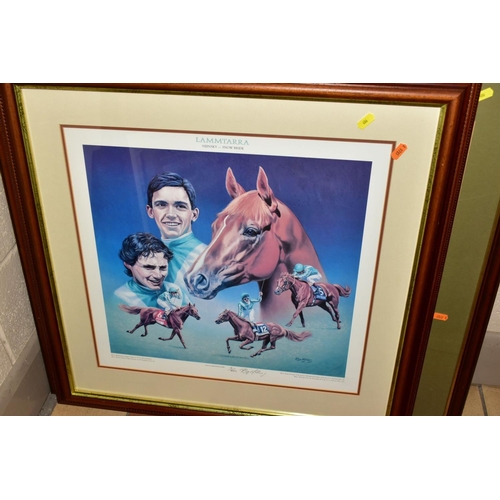 686 - HORSE RACING PRINTS ETC, comprising 'Lammtarra' 5/450 by Roy Miller, Graham Isom 'Dancing Brave & Tr... 