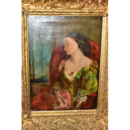 689 - A 19TH CENTURY SEATED PORTRAIT OF A FEMALE FIGURE, unsigned oil on canvas, approximate size 28cm x 2... 