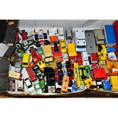 703 - FOUR TRAYS OF UNBOXED DIE-CAST MODEL VEHICLES, to include a Matchbox Superkings K44/3 Bridge layer, ... 