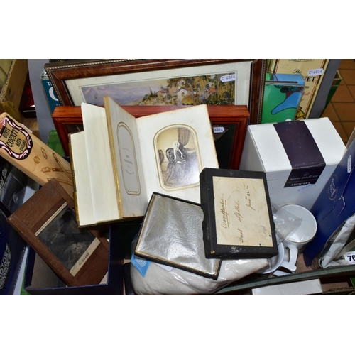 706 - A BOX AND LOOSE SPORTING MEMORABILIA, PHOTOGRAPHY AND SUNDRY ITEMS, to include a Victorian photograp... 