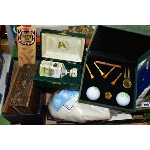 706 - A BOX AND LOOSE SPORTING MEMORABILIA, PHOTOGRAPHY AND SUNDRY ITEMS, to include a Victorian photograp... 