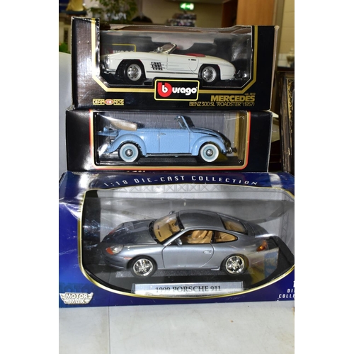 708 - FIVE BOXED ASSORTED MODERN DIECAST EUROPEAN CAR MODELS, all 1:18 scale, Bburago 1957 Mercedes Benz 3... 