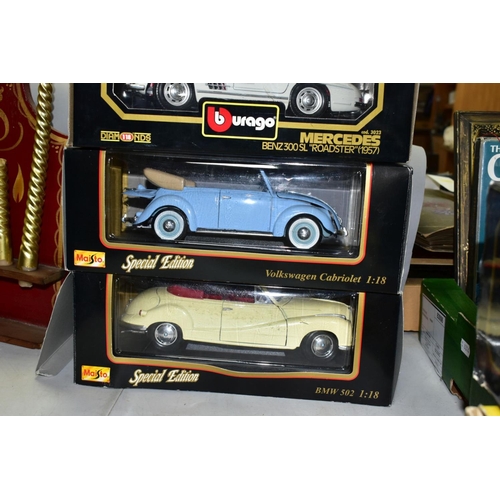 708 - FIVE BOXED ASSORTED MODERN DIECAST EUROPEAN CAR MODELS, all 1:18 scale, Bburago 1957 Mercedes Benz 3... 