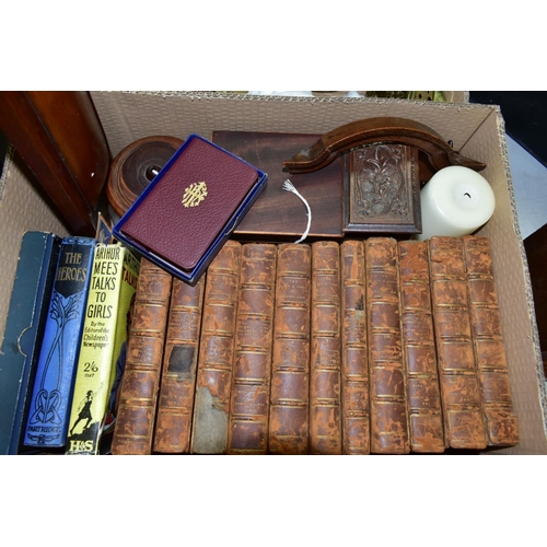 710 - TWO BOXES AND LOOSE METALWARES, TREEN, BOOKS, CLOCK ETC, to include an eleven volume set of The Play... 