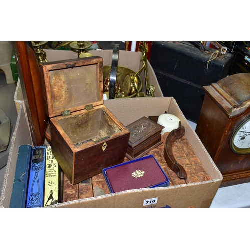 710 - TWO BOXES AND LOOSE METALWARES, TREEN, BOOKS, CLOCK ETC, to include an eleven volume set of The Play... 