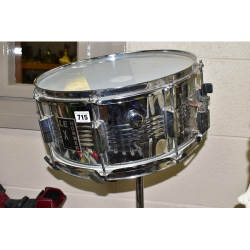 715 - A HOHNER LE X SNARE DRUM ON A STAND, steel drum diameter 36.5cm (just over 14''), stand adjustable (... 