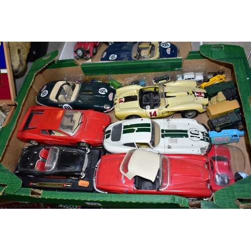 718 - TWO TRAYS OF UNBOXED DIE-CAST MODEL VEHICLES, to include three 1/18 Bburago Jaguar E Type 1961, 1/18... 