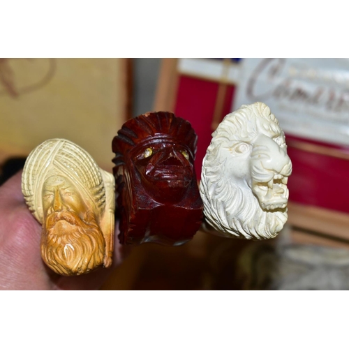 720 - TWO CIGAR BOXES OF PIPES, to include novelty Meerschaum pipes featuring a horse, a lion and human fa... 