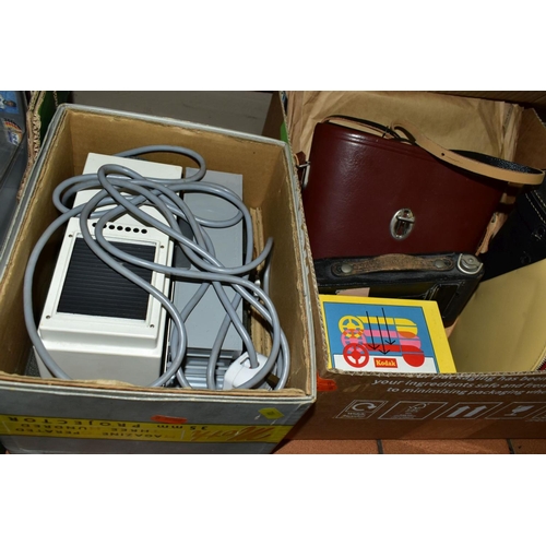 723 - FOUR BOXES AND LOOSE BINOCULARS, RECORD PLAYER, PROJECTORS,  AND PHOTOGRAPHIC EQUIPMENT, to include ... 