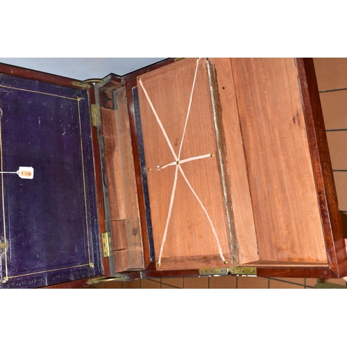 729 - A LARGE MAHOGANY CAMPAIGN STYLE WRITING SLOPE, in need of some restoration, with brass banding, an i... 