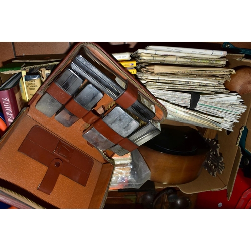 732 - TWO BOXES OF TREEN, BOOKS AND MAPS, to include a tea caddy of sarcophagus form with inner boxes, tur... 