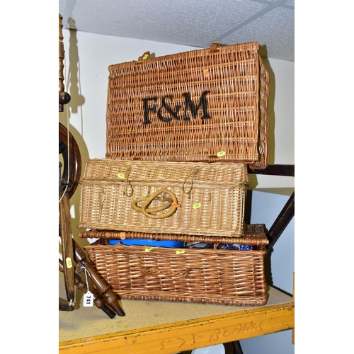 741 - A FORTNUM & MASON PICNIC BASKET 34CM X 50CM AND TWO OTHER WICKER PICNIC BASKETS, also an ornamental ... 