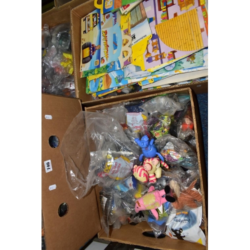 746 - FOUR BOXES CONTAINING OVER 200 MCDONALDS HAPPY MEAL TOYS, IN SEALED PACKETS (DISNEY ETC) , also a bo... 