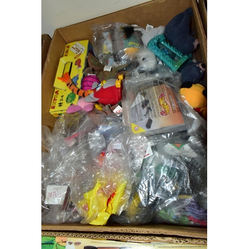 746 - FOUR BOXES CONTAINING OVER 200 MCDONALDS HAPPY MEAL TOYS, IN SEALED PACKETS (DISNEY ETC) , also a bo... 