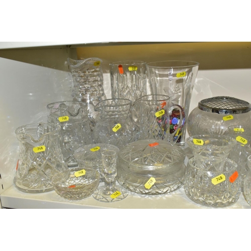 748 - THIRTY FOUR PIECES OF CUT GLASS VASES, JUGS, FRUIT BOWLS, TRIFLE DISHES, ETC,  (good condition) (34)