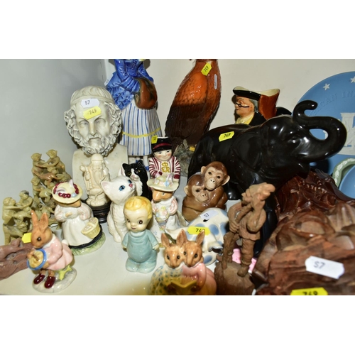 749 - A MIXED QUANTITY OF ROYAL DOULTON FIGURINES 'BUNNYKINS' ETC, a toby jug, a carved wooden Buddha 33cm... 