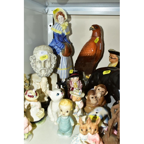 749 - A MIXED QUANTITY OF ROYAL DOULTON FIGURINES 'BUNNYKINS' ETC, a toby jug, a carved wooden Buddha 33cm... 