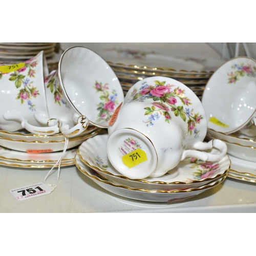 751 - A ROYAL ALBERT 'MOSS ROSE' DESIGN PART DINNER SERVICE, consisting of five cups, six saucers, four te... 