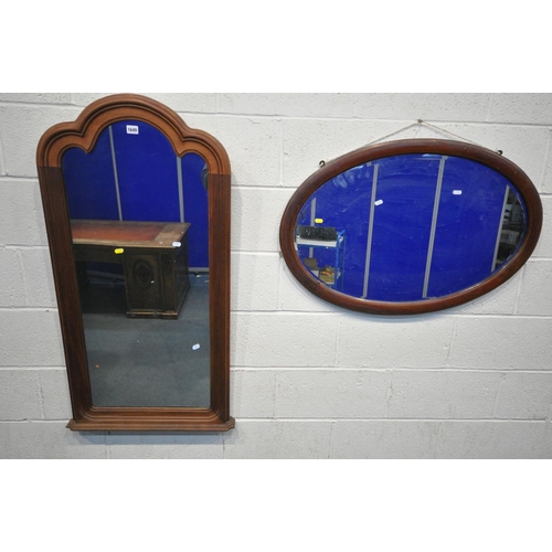 1649 - A HARDWOOD OVERMANTEL MIRROR, 57cm x 117cm, an Edwardian mahogany oval wall mirror (2)