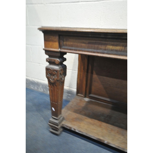 1651 - AN EARLY 20TH CENTURY OAK SIDE TABLE, with two drawers, square tapered Corinthian columns, united by... 