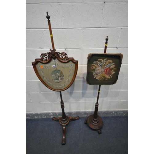 1653 - A VICTORIAN WALNUT POLE SCREEN, with a silk needlework shield panel, on a turned support and tripod ... 